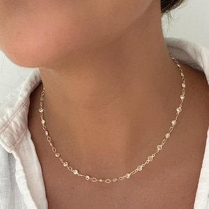 Necklace • Dainty Layering Necklace • Gold Necklace • Diamond Pave Beaded Necklace Custom Length Chain • Minimalist Jewelry •Bridesmaid Gift
