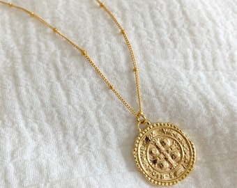 Gold Coin Necklace, St Benedict Cross Necklace, Coin Necklace, Gift For Her, Dainty Necklace, Medallion Necklace, Necklaces for Women