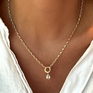 Gold Necklace Women Birthday Gift Layering Everyday Paperclip Chain Interchangeable Pendant Jewelry Charm Holder Attachment Cubic Zirconia