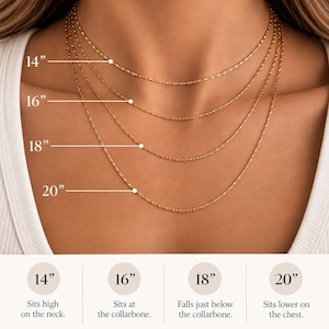 May include: A gold chain necklace size chart by Dylan Rae Jewelry showing four lengths: 14 inches, 16 inches, 18 inches, and 20 inches. The graphic displays how each chain length sits on the neck, with text descriptions for each specific measurement.