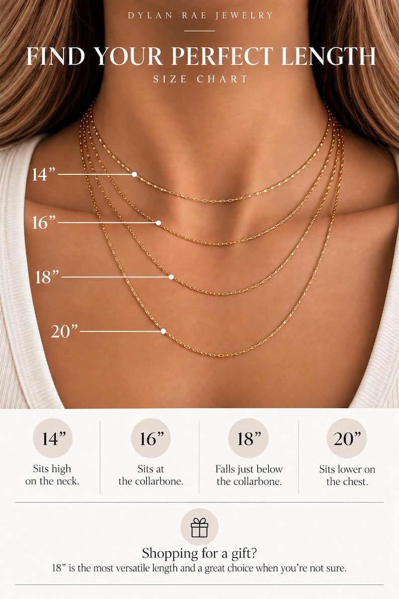 May include: A gold chain necklace size chart by Dylan Rae Jewelry showing four lengths: 14 inches, 16 inches, 18 inches, and 20 inches. The graphic displays how each chain length sits on the neck, with text descriptions for each specific measurement.