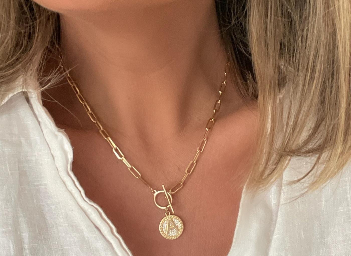 18k Gold Filled Paperclip Necklace with Toggle, Personalized Gold Disc Necklace, Initial Necklace, Gold Necklace, Gift For Mom, Handmade