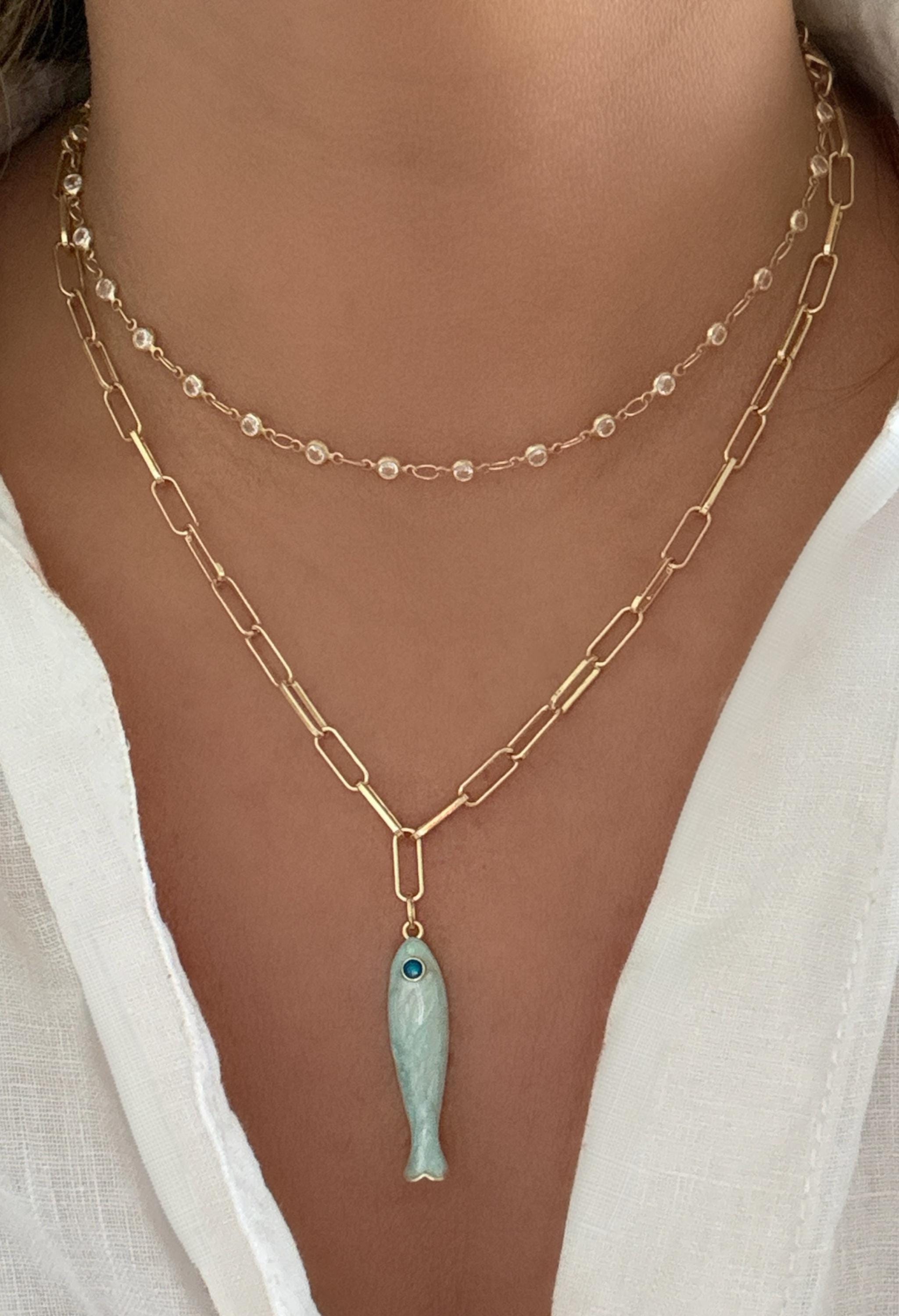 14k Gold Fish Necklace Gold Pendant Necklace Paperclip Chain Gift for ...