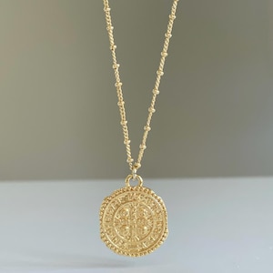 Gold Coin Necklace, St Benedict Cross Necklace, Coin Necklace, Gift For Her, Dainty Necklace, Medallion Necklace, Necklaces for Women