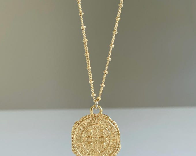 Gold Coin Necklace St Benedict Cross Necklace Coin Necklace Gift For Her Dainty Necklace Medallion Necklace Necklaces for Women