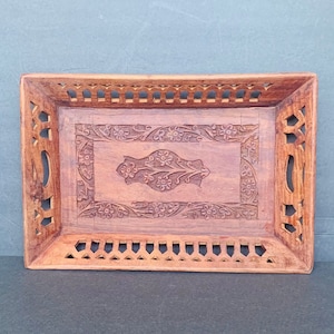 Vintage Carved Wood Tray Reticulated 12 X 8 Floral Design Hand Carved Boho 1970s Home Decor