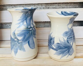 Pair Of Art Pottery Vases Signed Blue Watercolor Wispy Flowers