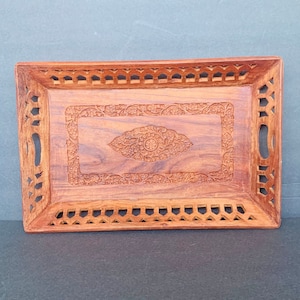 Vintage Carved Wood Tray Reticulated 14 X 9 Floral Design Hand Carved Boho 1970s Home Decor