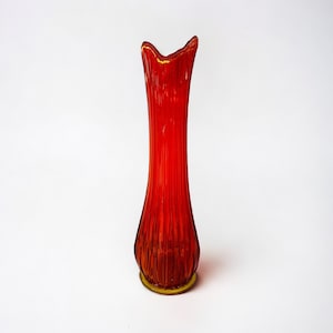 Vintage LE Smith Amberina Swung Vase Tall 21” Ribbed Glass Fat Bottom Gorgeous!