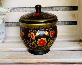 Vintage Russian Khokhloma Round Jar With Lid Hand Painted Gold Black Red Flowers