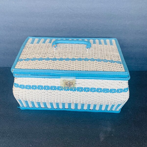 Vintage Sewing Box Blue Basketweave Plastic Hinged Lid Crafting Knitting