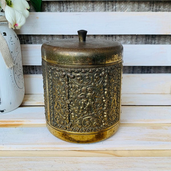 Antique Erhard & Sohne German Tobacco Jar Brass Repousse Design Ceramic Jar Cherubs