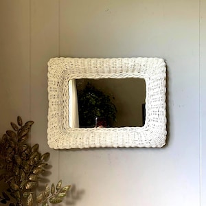 Vintage Wicker Rectangular Mirror: 1970s Groovy Boho Beach Decor
