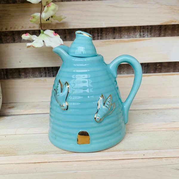 Vintage Honey Pot Teal Blue And Gold Bees Retro Kitchenware