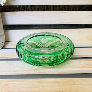 Vintage Green Cut To Clear Bohemian Ashtray Candy Dish