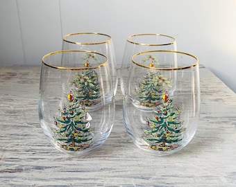Spode Christmas Tree Stemless Wine Glasses 22K Gold Set Of 4 Holly Santa Holiday Table