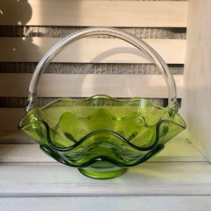 Vintage Viking Epic Green Glass Basket Double Crimp Ruffled Clear Handle MCM Original Label