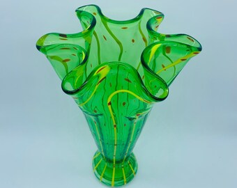 Eastern Art Glass Hand Blown Vintage Vase Green Ruffled Edge Elegant Glass Centerpiece