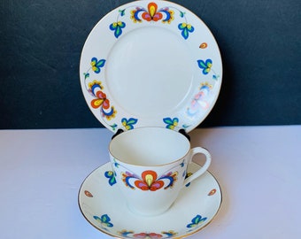 Vintage Porsgrund Farmer's Rose Breakfast Trio: Coffee Cup, Saucer, Plate, Gold Trim
