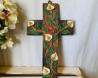 Vintage Wood Cross Crucifix Praying Hands Peace Lilies Religious Gift