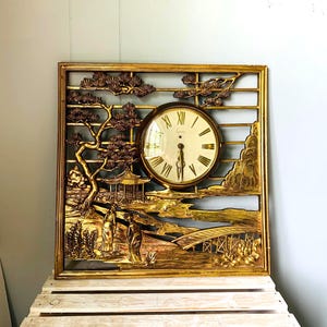 Vintage Syroco Wall Clock: Gold Asian Garden Rococo Style
