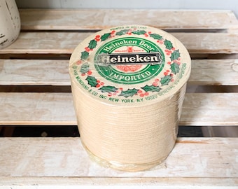 Vintage Heineken Beer Coasters - Holiday Holly Design, New Old Stock Set of 36