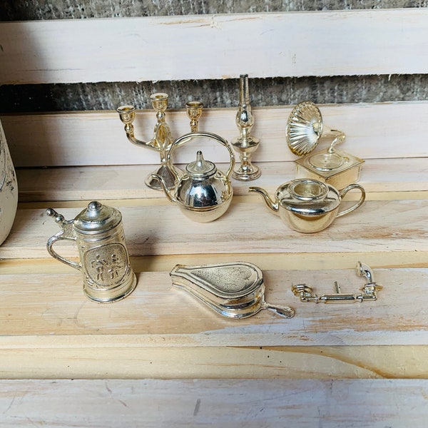 Sliver Plated Dollhouse Miniatures Lot Of 8 Beer Stein Candelabra Phonograph Bellows Teapot Pillar Phone Receiver Pot England