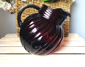 Vintage Anchor Hocking Ruby Red Swirl Glass Pitcher with Ice Lip