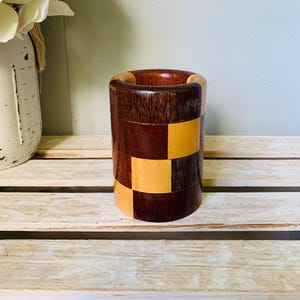 Marquetry Wood Pen Pencil Holder Segmented Geometric Office Desk Accessories Makeup Brush Holder