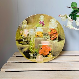 Vintage Cookie Tin Round Apothecary Glass Jars And Flowers Retro Kitchen Decor Vintage Tin