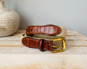 Brighton Stretch Weave Belt: Tan Rayon & Croc Leather, Solid Brass Buckle, Size 40