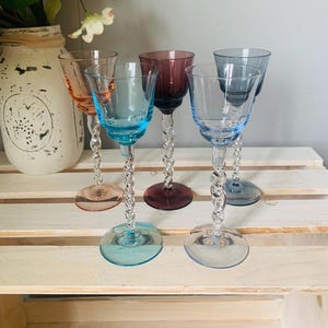 Set Of 5 Vintage Cordial Glasses Art Glass Twisted Stem Blue Orange Red