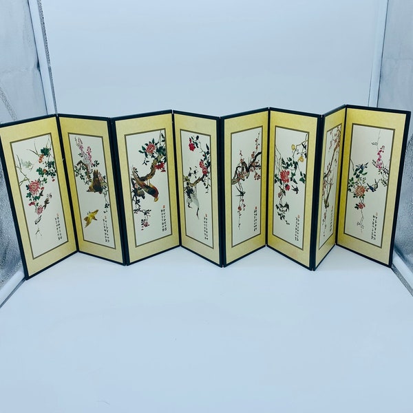 Vintage Asian Folding Screen Beautiful Birds Tabletop Paneled Divider