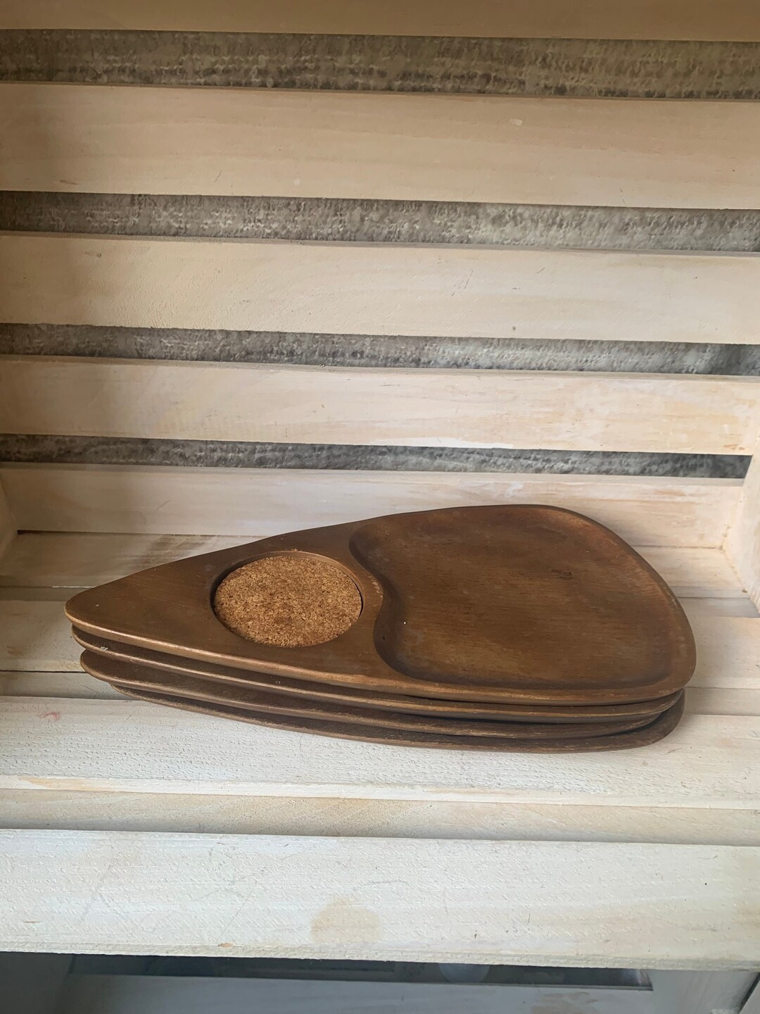 Vintage Serv Wood MCM Teak and Cork Snack Tray Set 4 Pieces Etsy