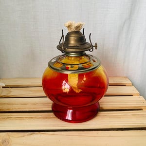 Antique P&A Risdon Eagle Oil Lamp Amberina Flashed Glass Flat Wick Made In USA