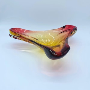 Vintage Murano Free Form Art Glass Bowl Pink Cranberry Yellow Gold Bowl MCM Decor Boomerang Art Glass Dish