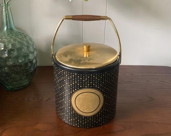 Vintage Ice Bucket Gold Florals Polka Dots Handle Lid Retro MCM Home Bar Decor