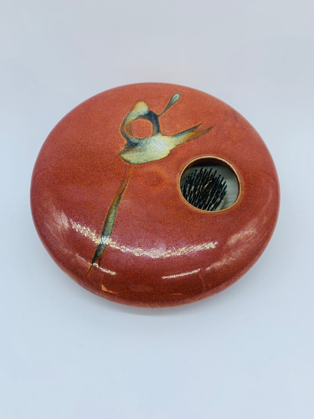 Ikebana Round Vase Kenyan Pin Frog Vintage Pottery Japanese