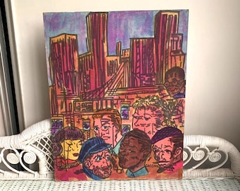 Vintage Signed Urban Art Mixed Media Faces On A City Skyline Unique Expressionist Outsider Art