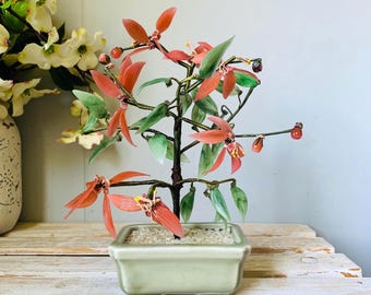 Vintage Bonsai Tree Glass Jade Celadon Base Feng Shui Decor Salmon Peach Flowers
