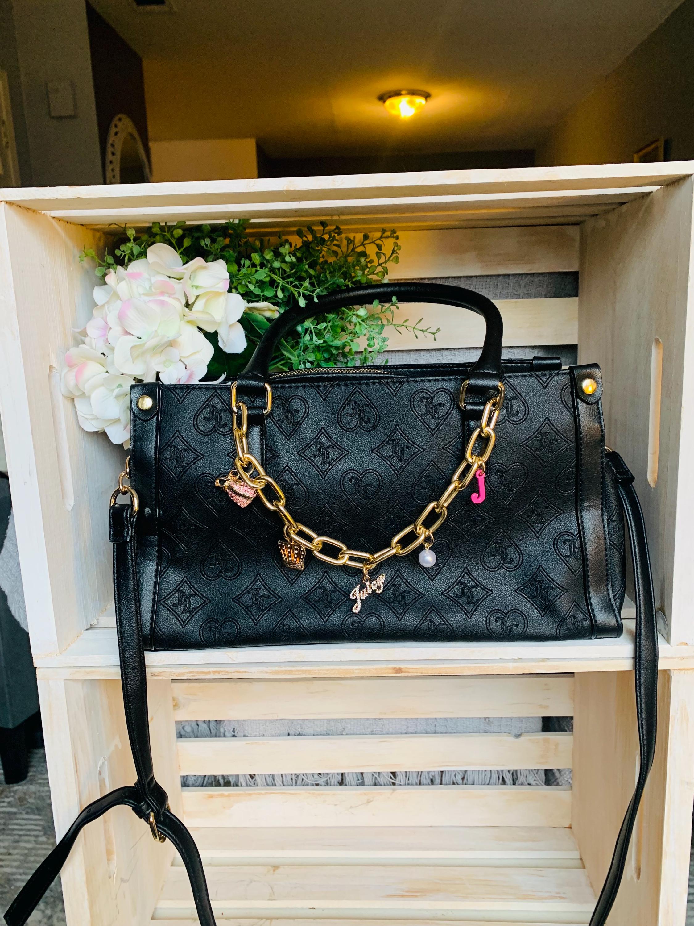 Black Juicy Couture Logo Handbag With Charms, Zip Closure, Long