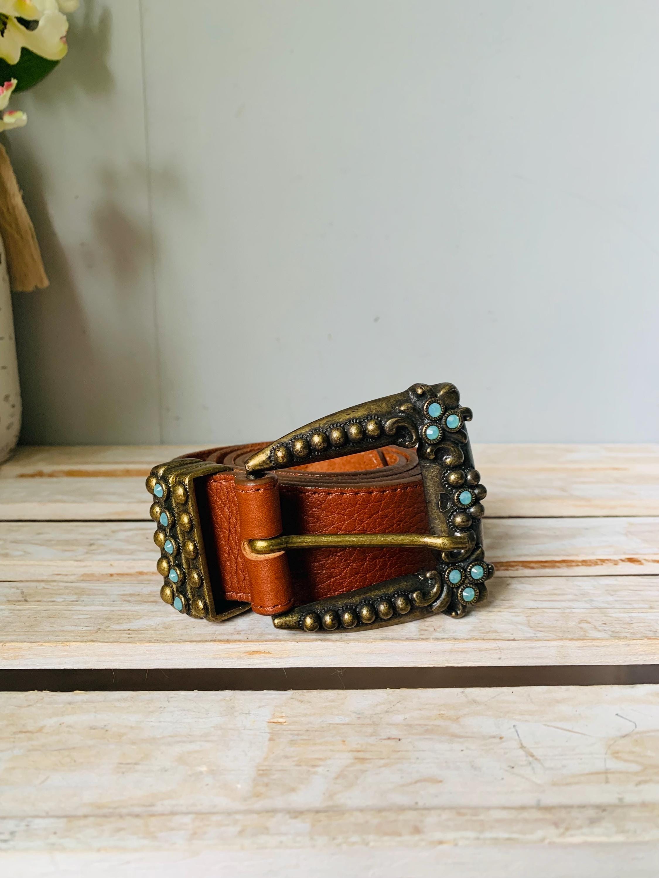 Leatherock USA Womens Belt Turquoise and Brass Buckle Brown  display picture 1