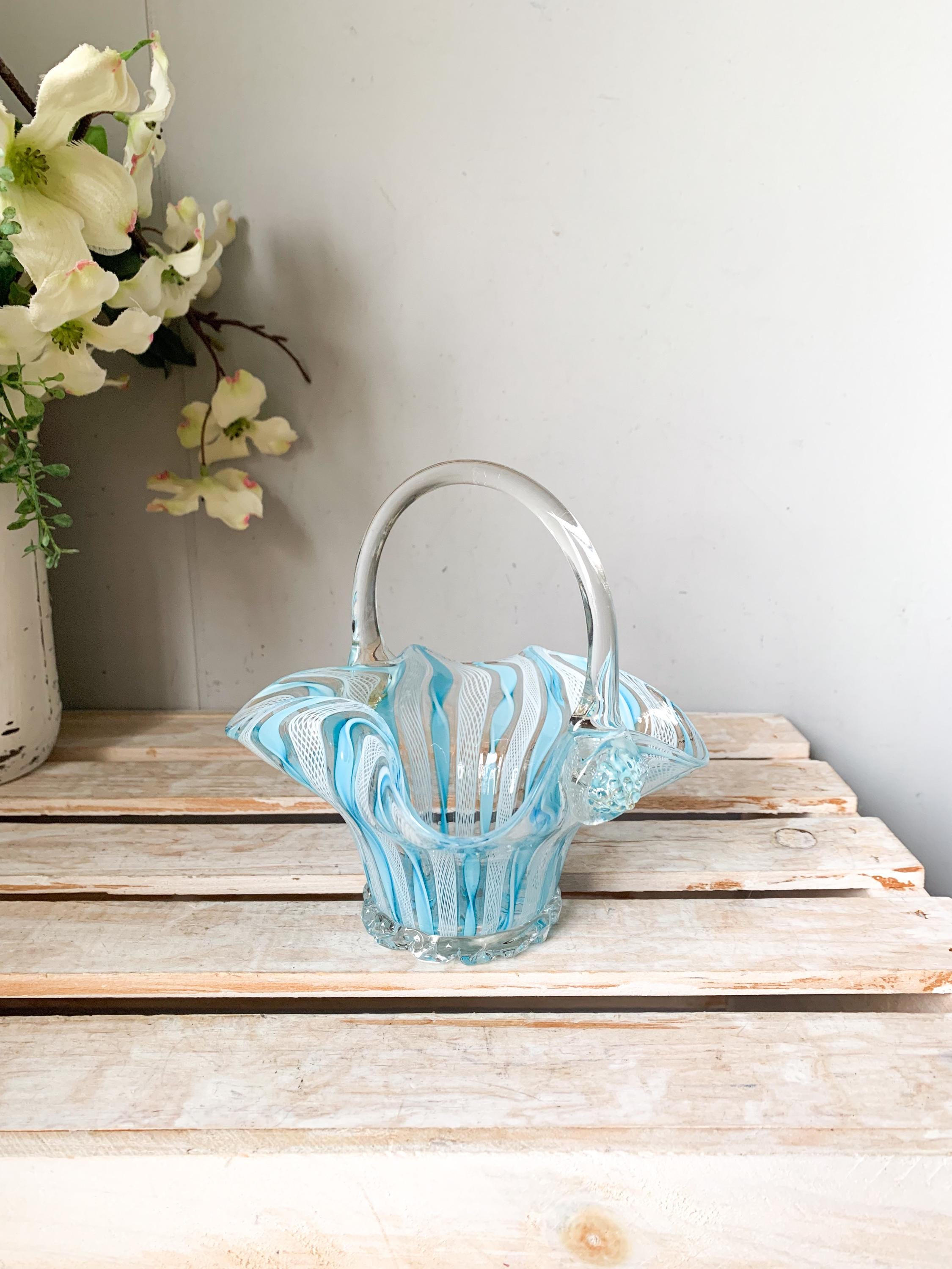 Vintage Murano Glass Basket Blue White Latticino Ribbon Italy 6 X