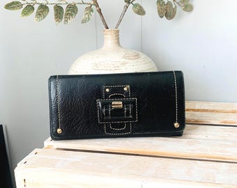 Coach Soho Buckle Tri-fold Wallet Black Leather Contrast Stitch