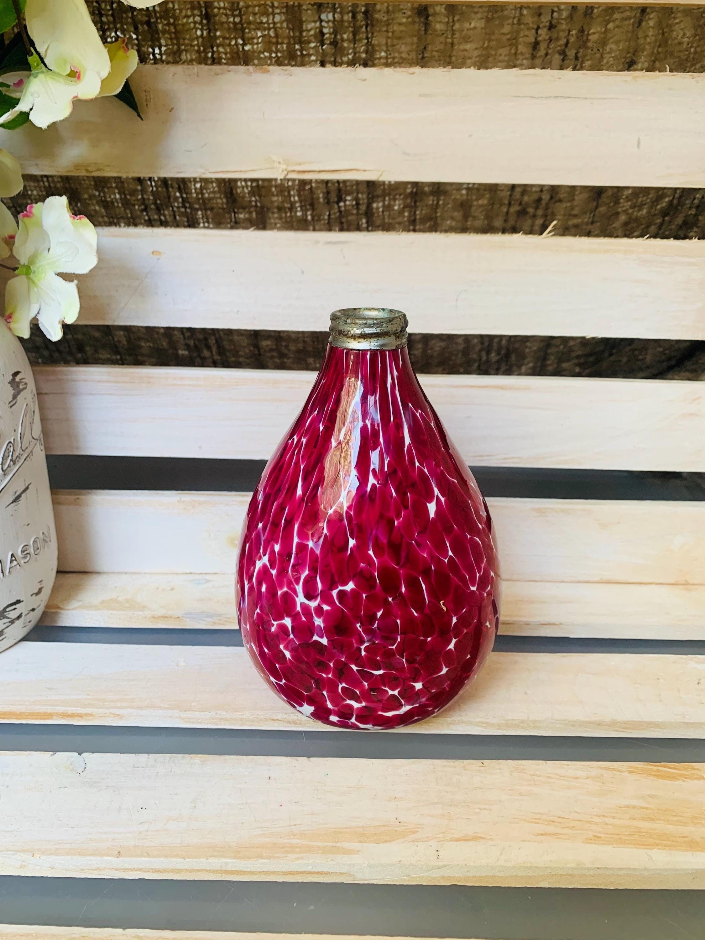 Art Glass Vase Signed Red White Mottled Glass Metal Top - Etsy 日本