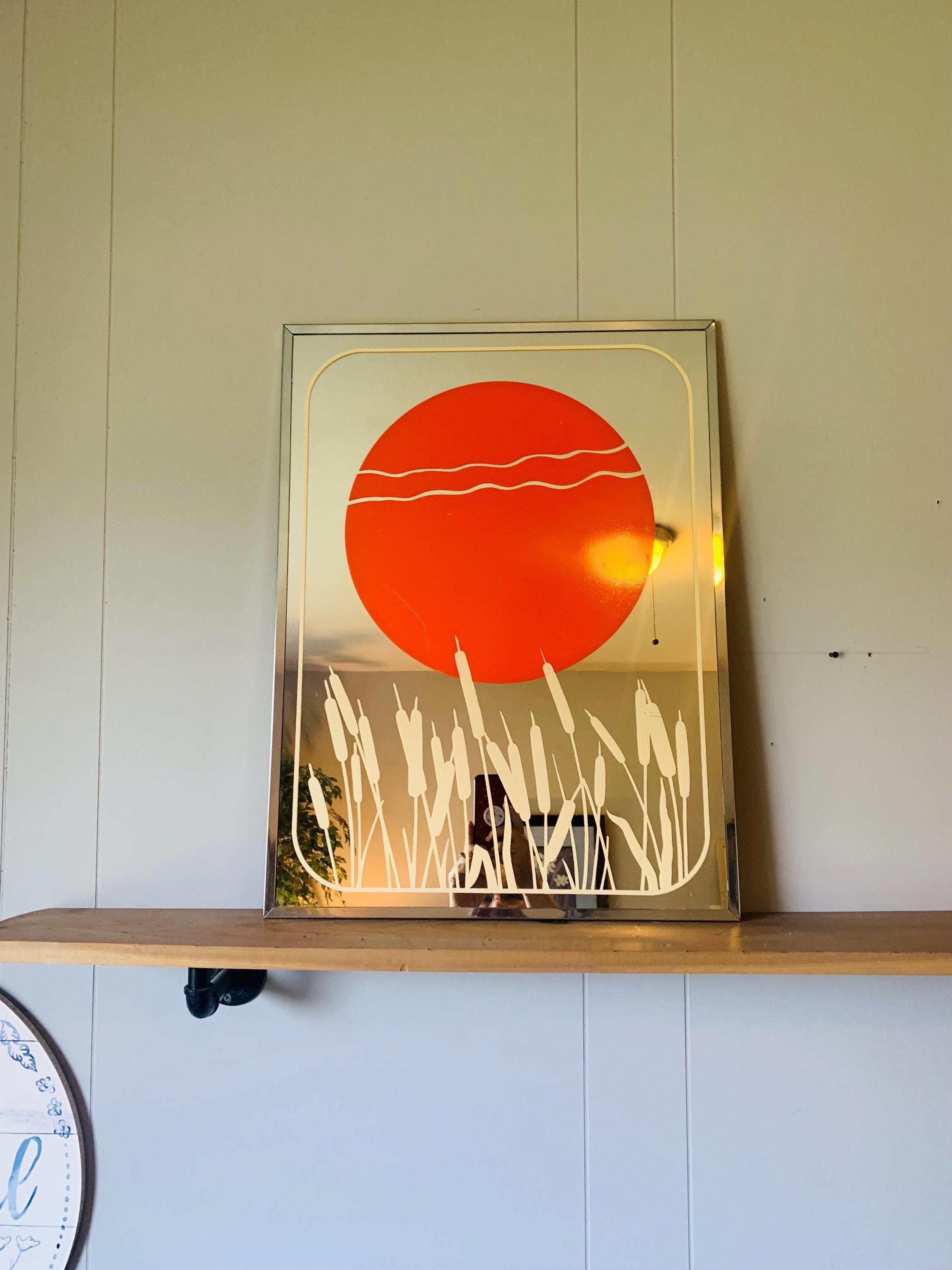 Vintage Painted Mirror Sunset Cattails Retro 1970's Jim Roslof
