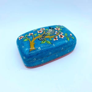 Vintage Blue Wood Trinket Box: Hand-Painted Bird & Flowers