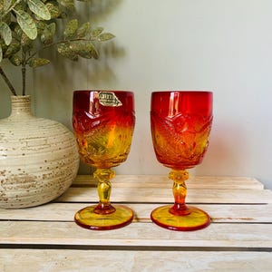 L E Smith Glass Amberina Goblets (2) Glowy Glass American Eagle Shield Heritage Collection Amberina Vintage Uranium Glass