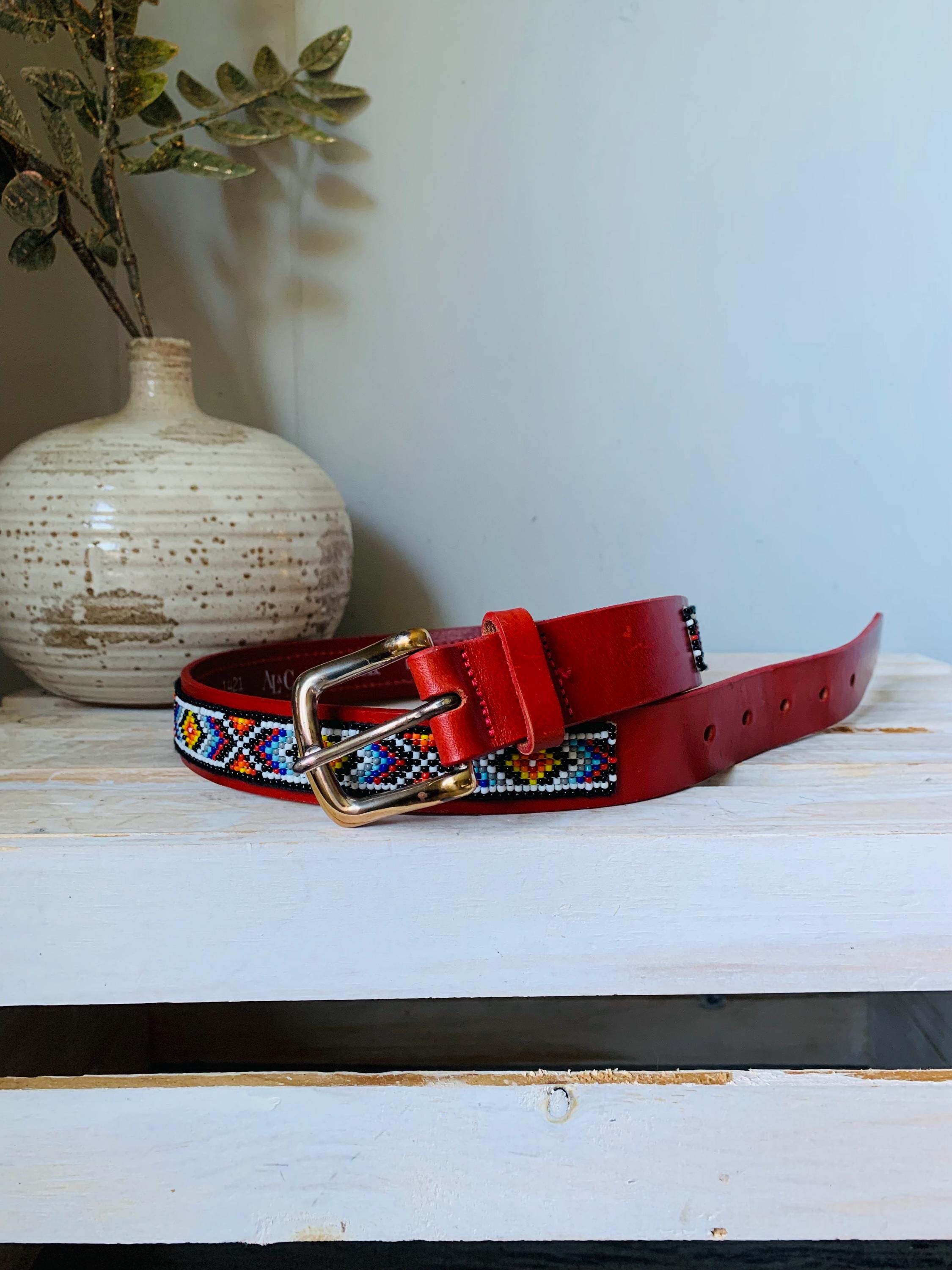 Beaded Red Leather Belt: Native Southwestern Style, Goldtone  display picture 1