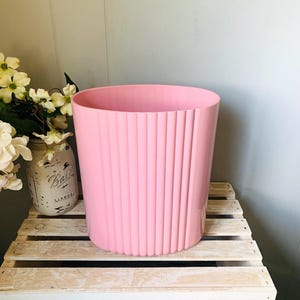 Vintage Pink Plastic Waste Basket Sally Designs Made In USA MCM Decor Retro Vanity Bathroom Bedroom Garbage Pail